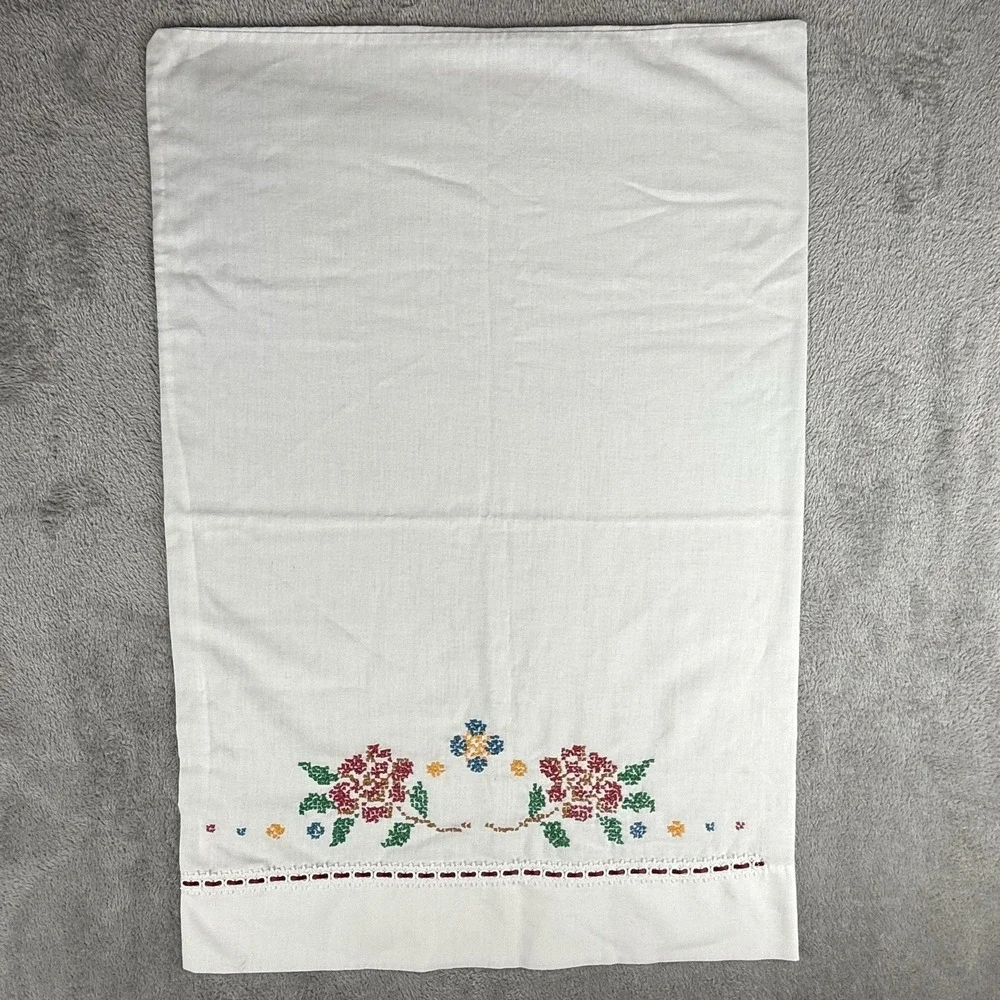 Handmade Vintage Embroidered White Pillowcase Red Roses Cross Stitch 20x29